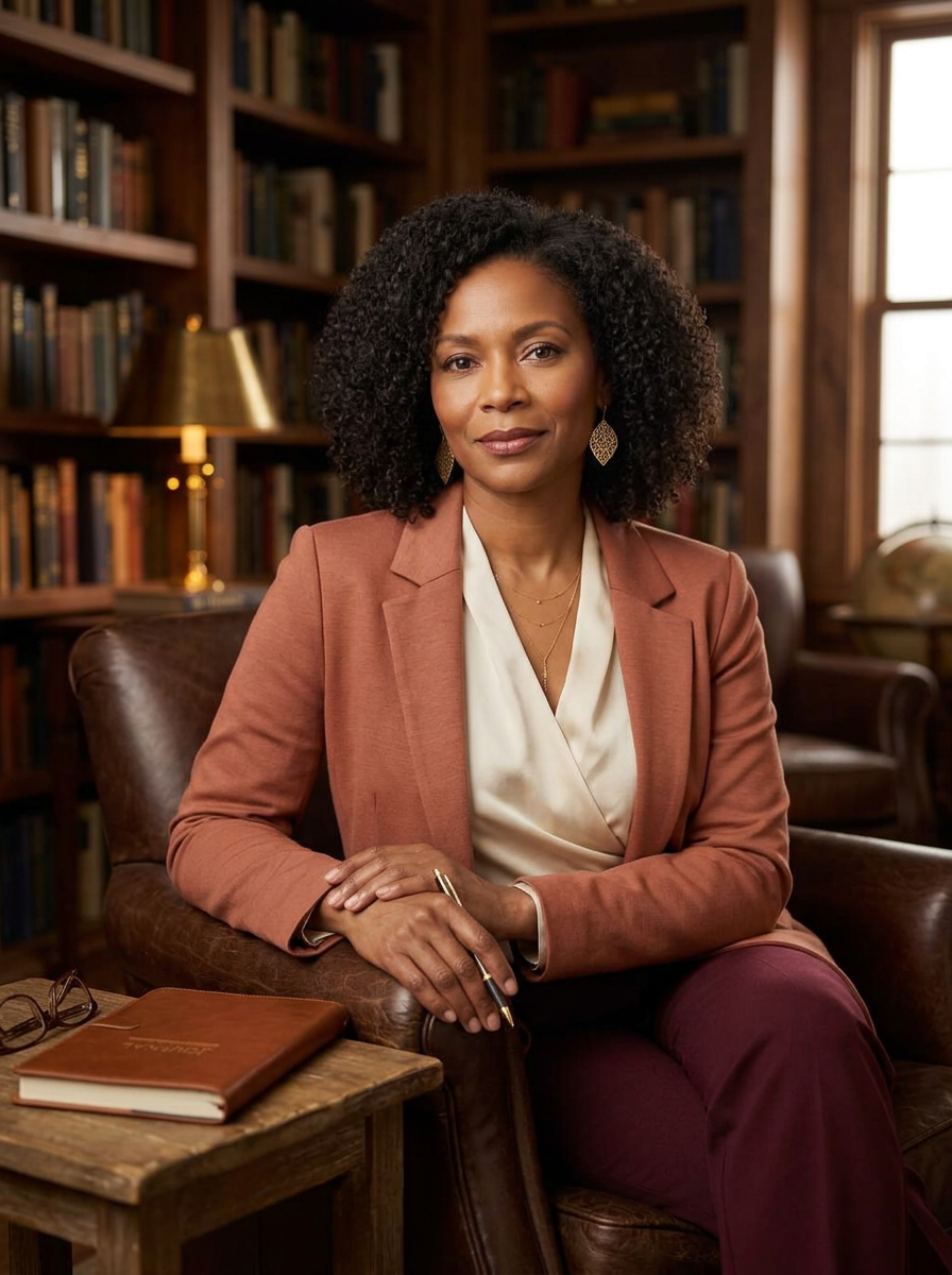 Danielle Monroe seated in a warm study lined with bookshelves, wearing a clay blazer and wine trousers